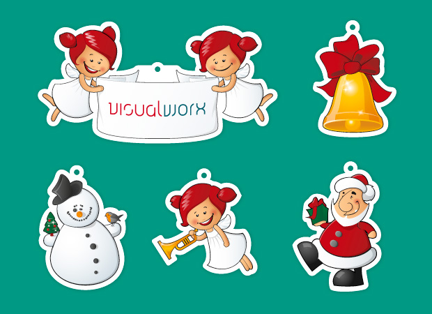 Weihnachtsanhänger, Dekofiguren aus PVC-Material für das Visualworx-Weihnachtsmailing